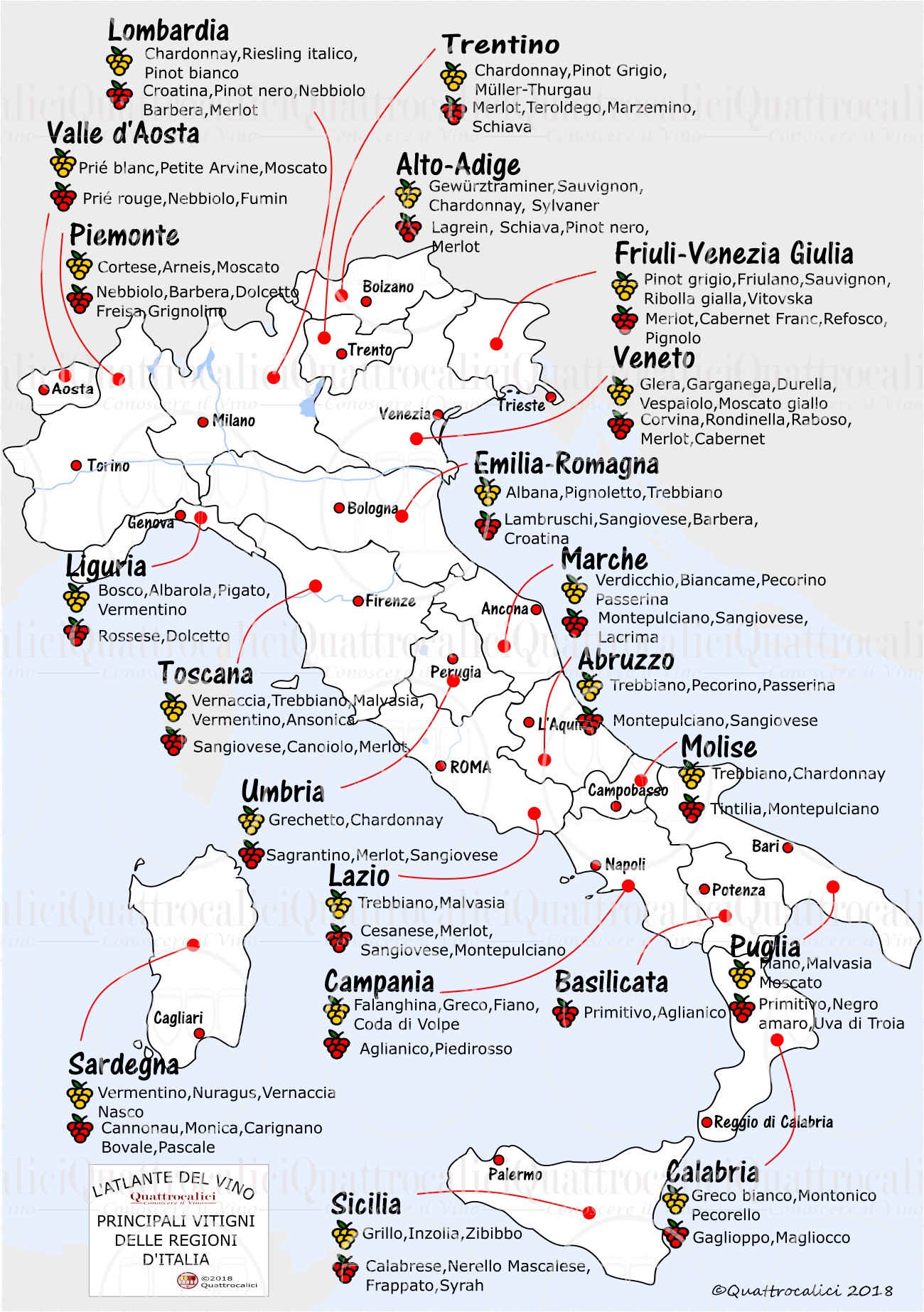 I vitigni d'Italia. Cartina dei vitigni italiani.