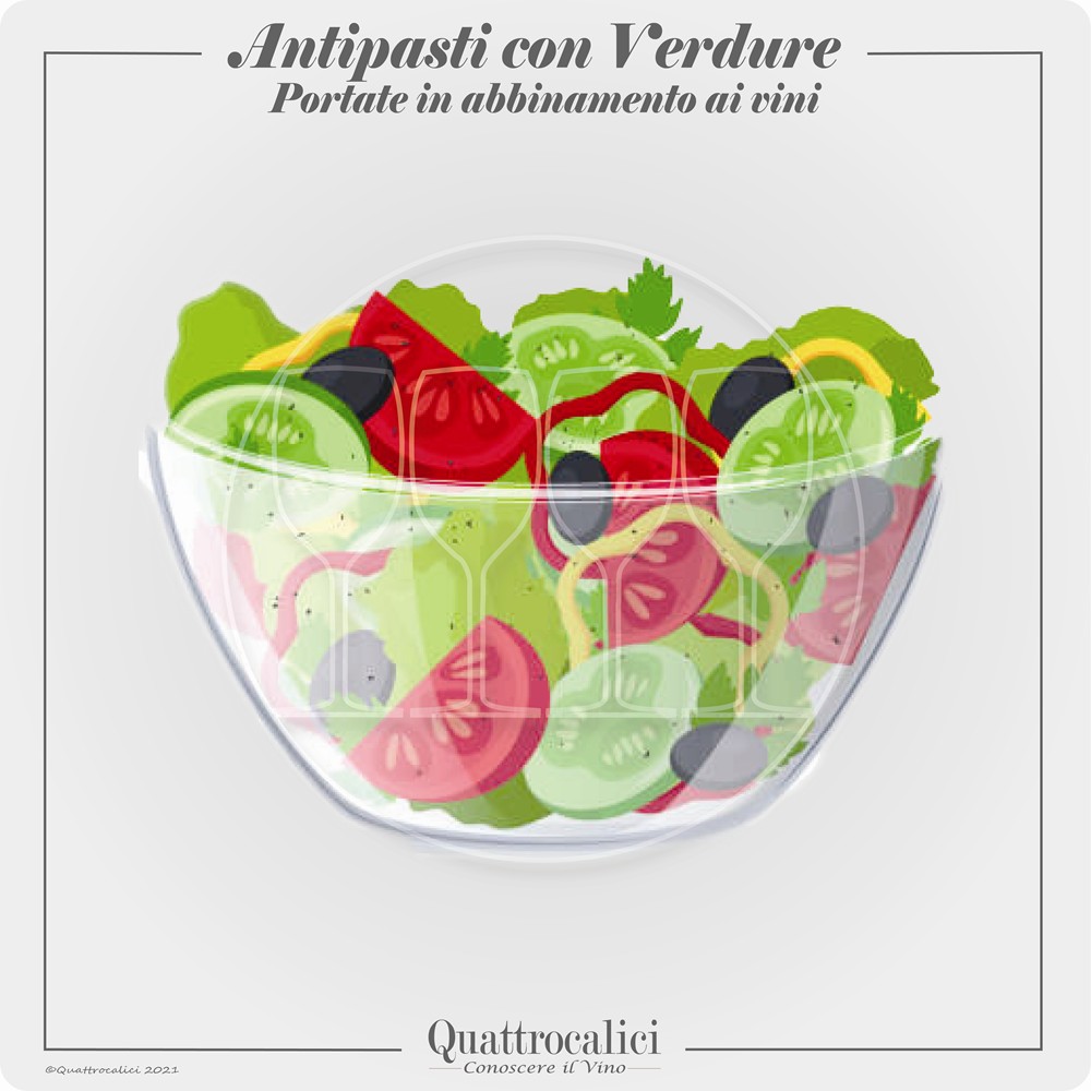 antipasti con verdure e vini in abbinamento