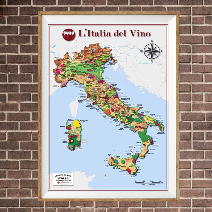 Un poster con la mappa dettagliata delle denominazioni DOCG e DOC del vino italiano.