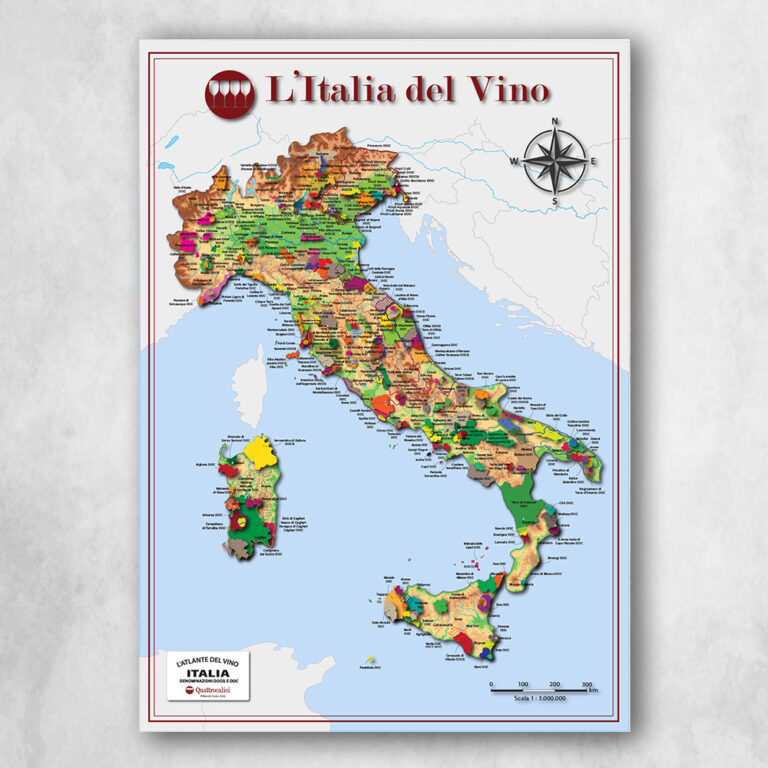 Un poster con la mappa dettagliata delle denominazioni DOCG e DOC del vino italiano.